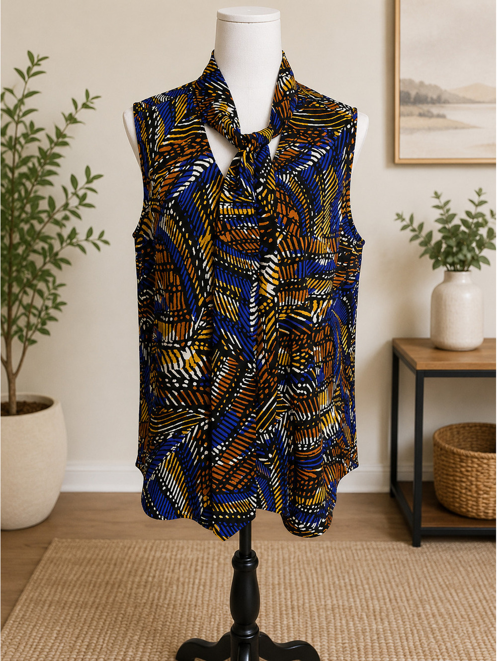 Size L - Kasper Abstract Print Sleeveless Tie Neck Blouse